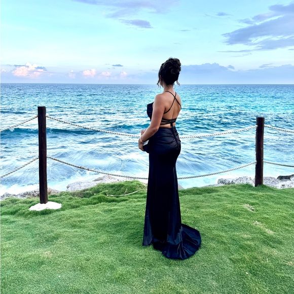 Formal Satin Lace-Up Mermaid Dress, Black - Picture 3 of 6